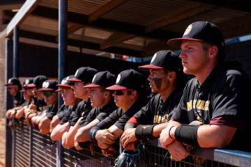 The Pahrump Valley High School varsity baseball program eagerly waits before the start of their ...