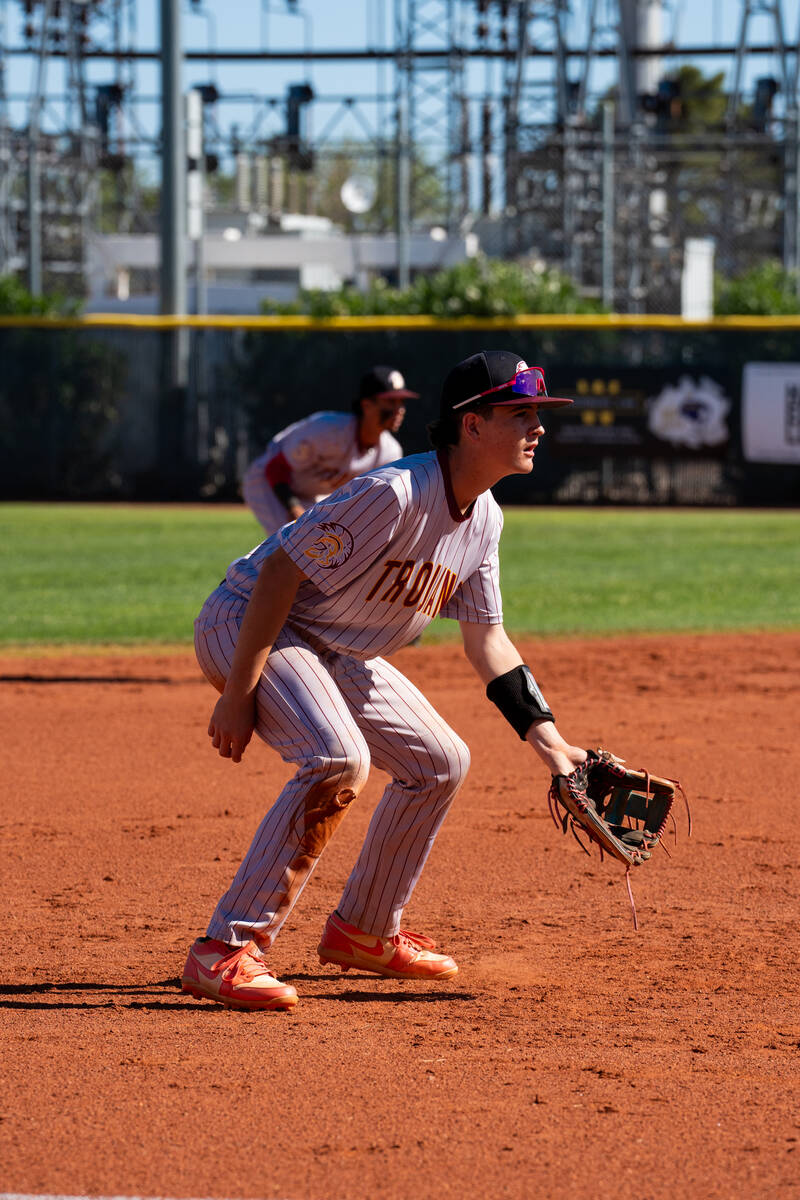 Pahrump Valley High School sophomore Anthony Montanez gets in position to field a ball during t ...