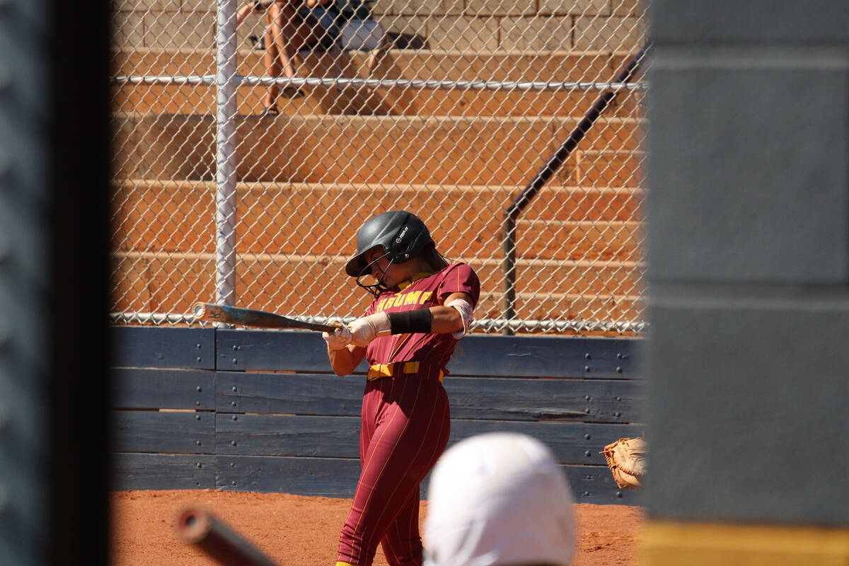 Pahrump Valley High School junior Riley Saldana warms up in the on-deck circle during the progr ...