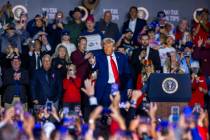 President Donald Trump gives a thumbs up to supporters following his speech at the Circa on Sat ...