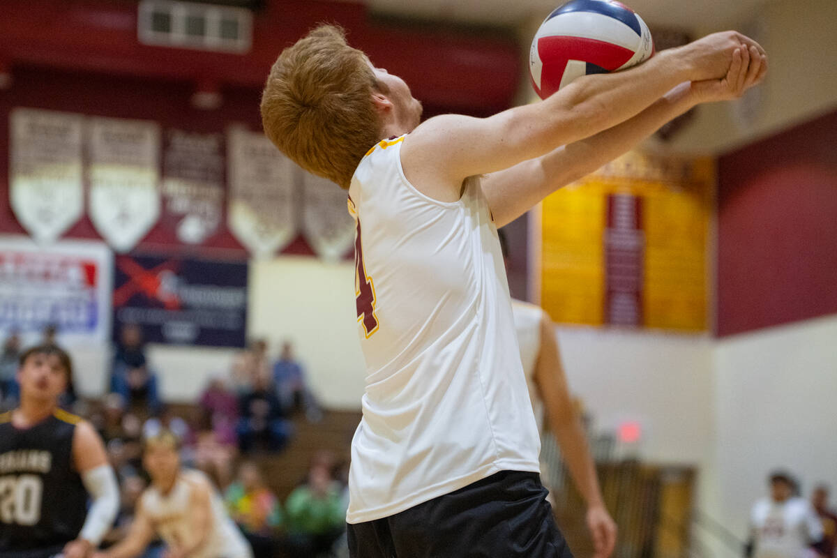 Pahrump Valley High School senior William Coen receives a serve during the Trojans' home league ...