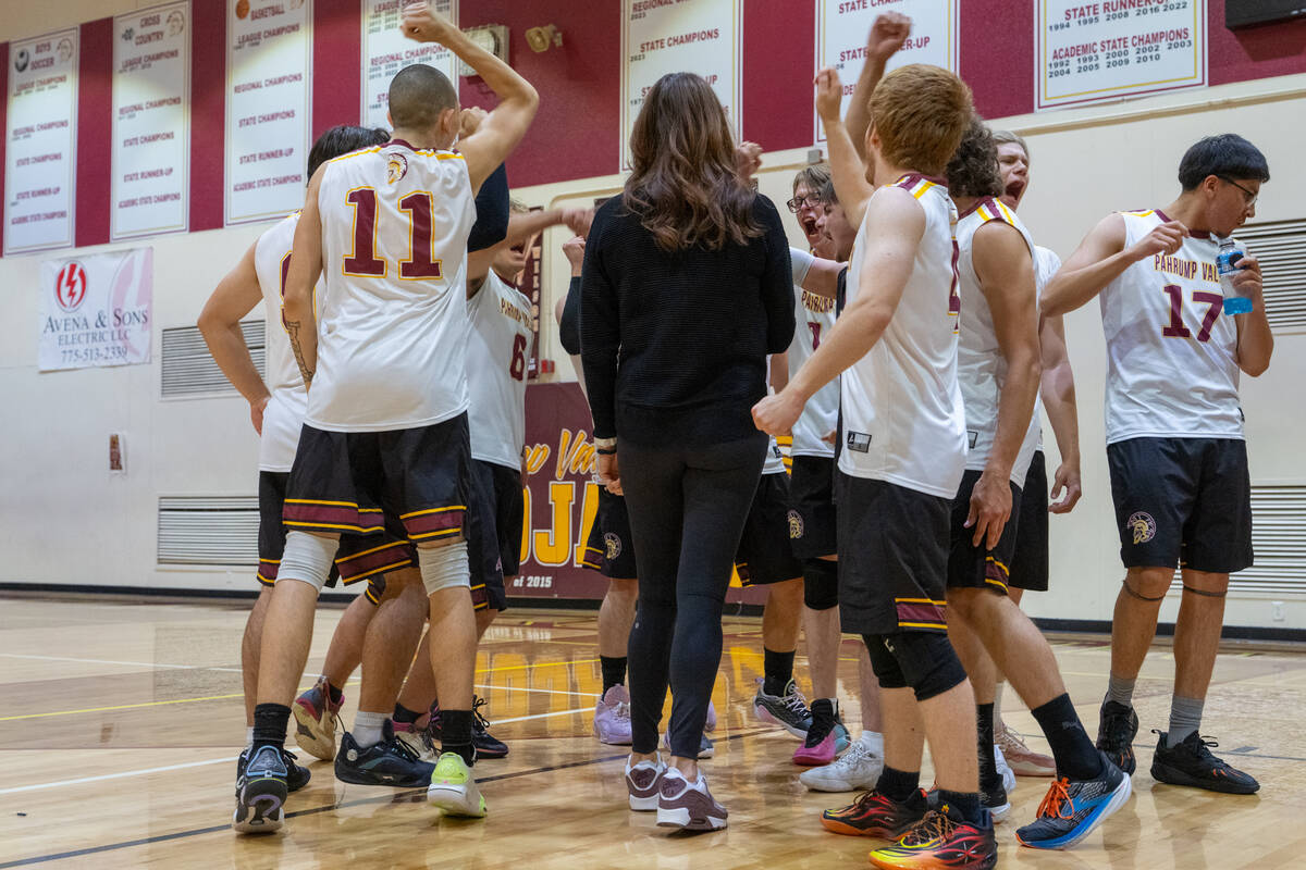 Pahrump Valley High School boys volleyball head coach Amber Lugo breaks the huddle during a cal ...