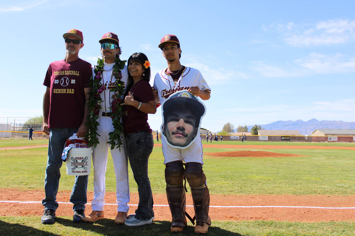 Pahrump Valley High School senior Vinny Whitney is honored before the Trojans' non-league conte ...
