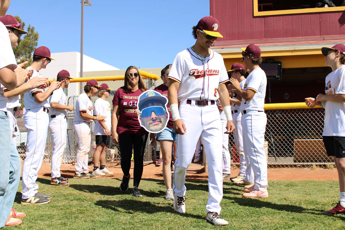 Pahrump Valley High School senior Kayne Horibe is honored before the Trojans' non-league contes ...