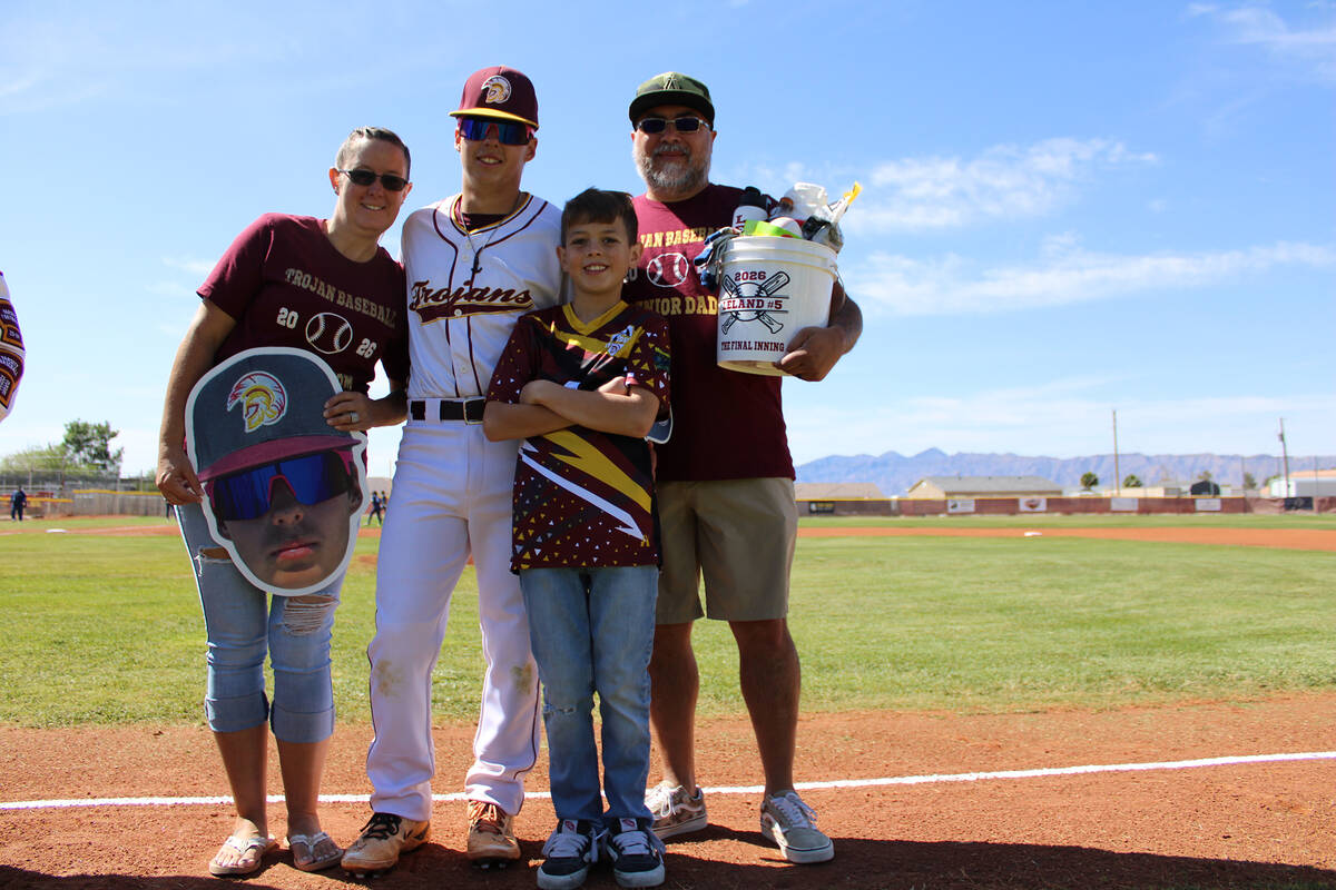 Pahrump Valley High School senior Leland Delgago is honored before the Trojans' non-league cont ...