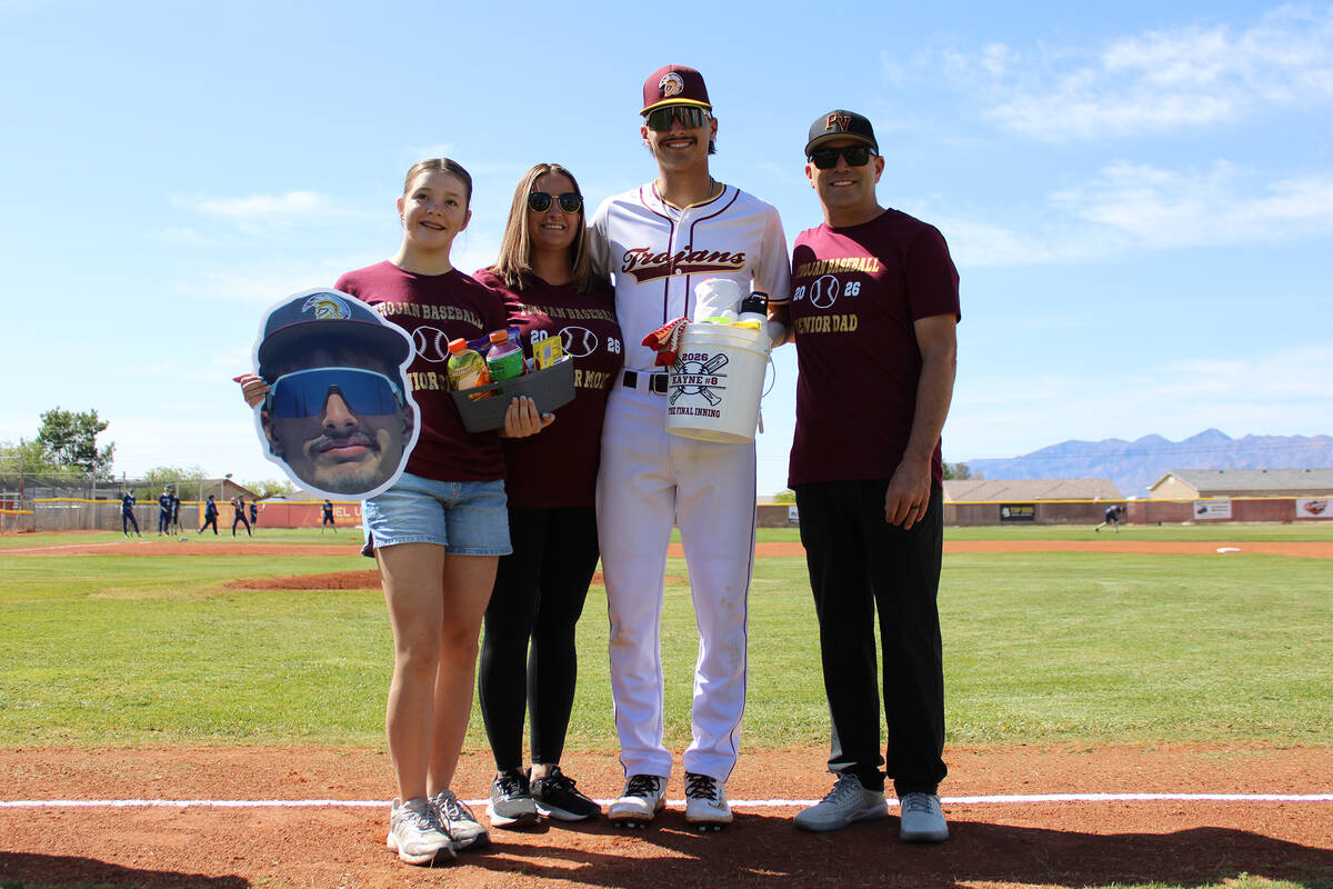 Pahrump Valley High School senior Kayne Horibe is honored before the Trojans' non-league contes ...