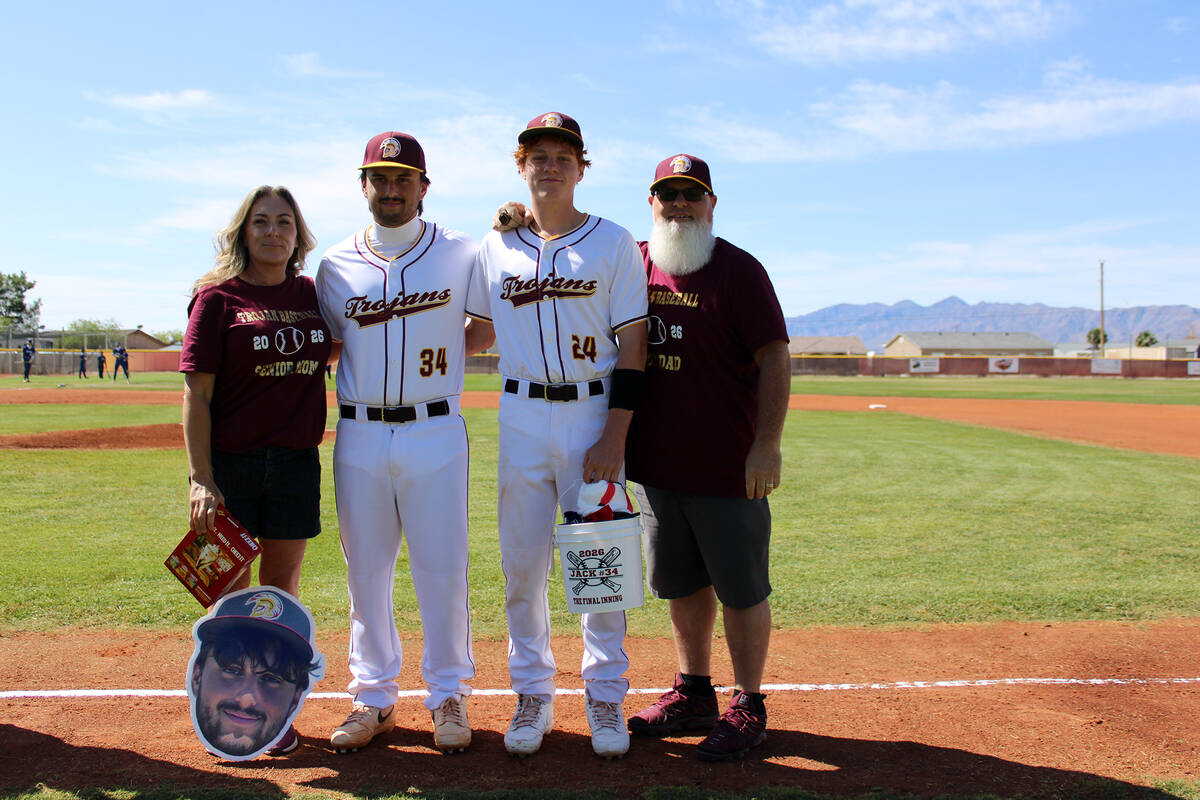 Pahrump Valley High School senior Jack Walker is honored before the Trojans' non-league contest ...