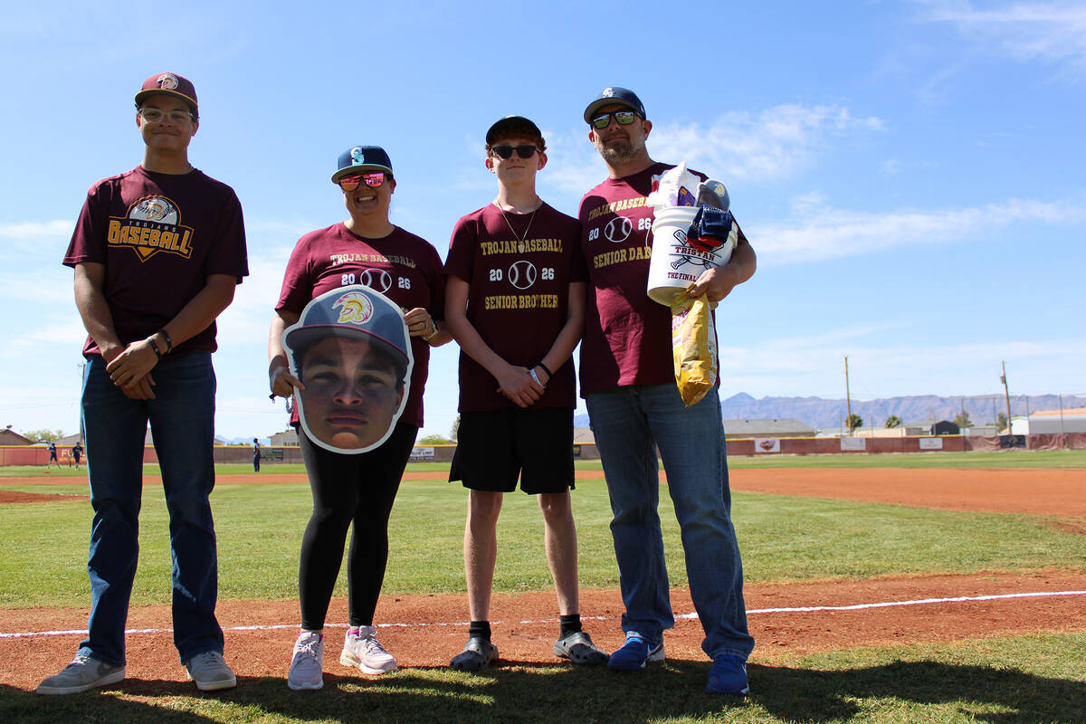 Pahrump Valley High School senior Tristan Brown is honored before the Trojans' non-league conte ...