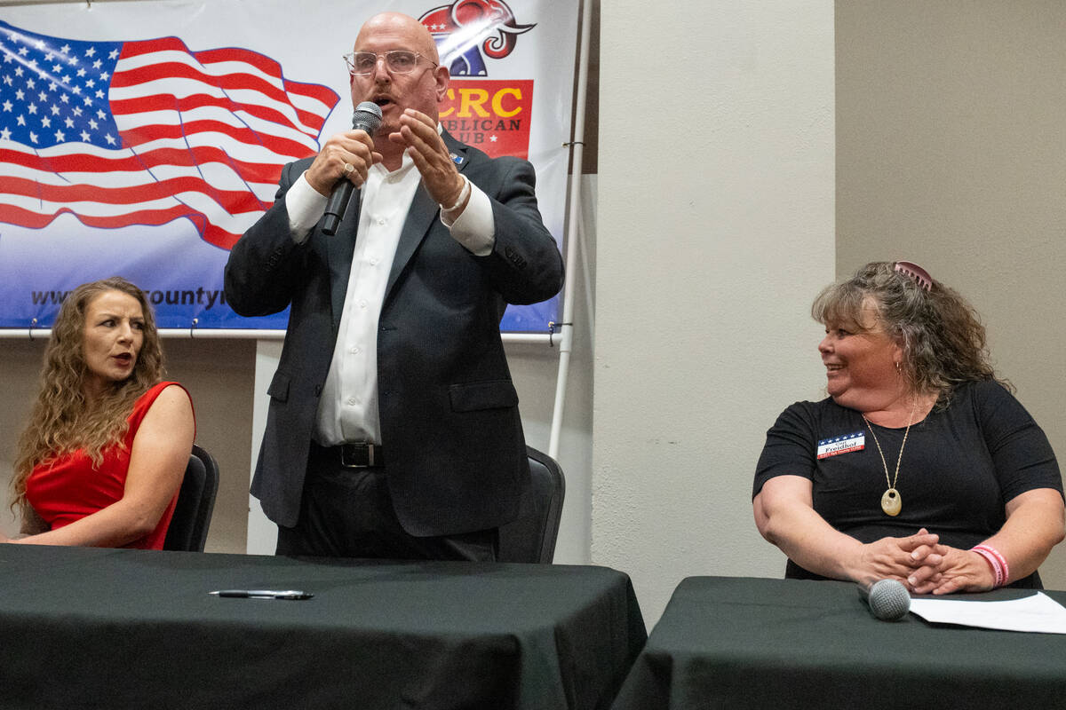 Republican Nye County clerk candidate Andrew Caccavale, joined by challenger candidate Kayla Ba ...
