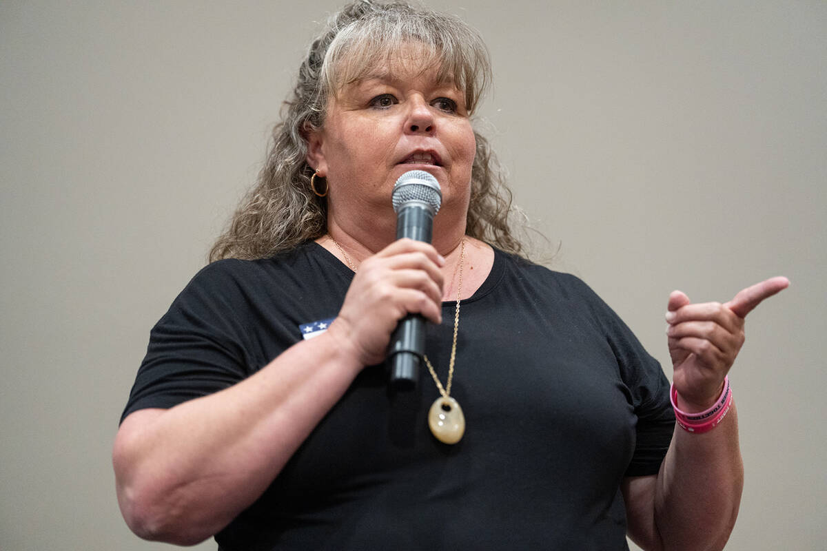 Incumbent Republican Nye County clerk Cori Freidhof debates with her challengers at the Nye Cou ...