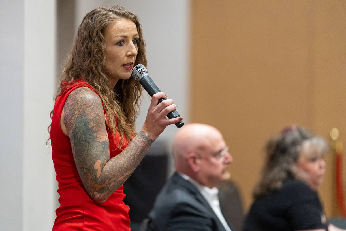 Republican Nye County clerk candidate Kayla Ball at the Nye County Republican Club debate on Ap ...