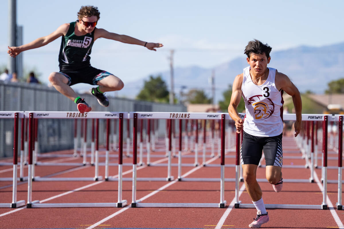 Pahrump Valley High School senior Ulisses Alvarez took second place overall in the 110-meter hu ...