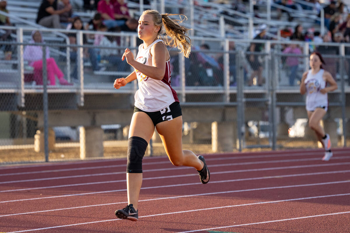 Pahrump Valley High School sophomore Cindal Monahan competes in the 400 meters, placing third o ...