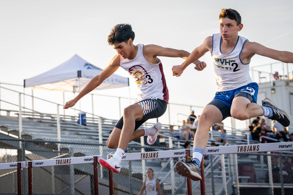 Pahrump Valley High School freshman Kristoffer Trejo participates in the 300-meter hurdles duri ...