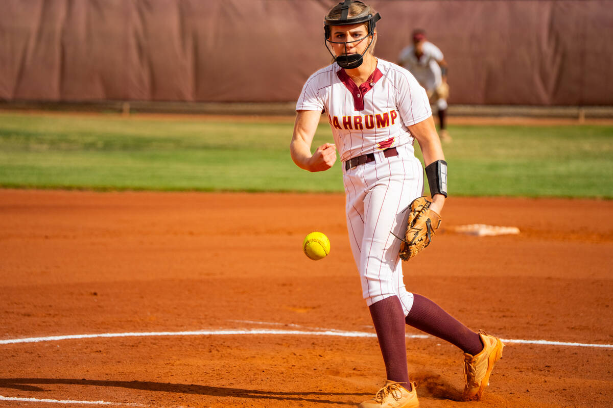 Pahrump Valley High School freshman pitcher Jaycie Hayes delivers a pitch to the plate for the ...