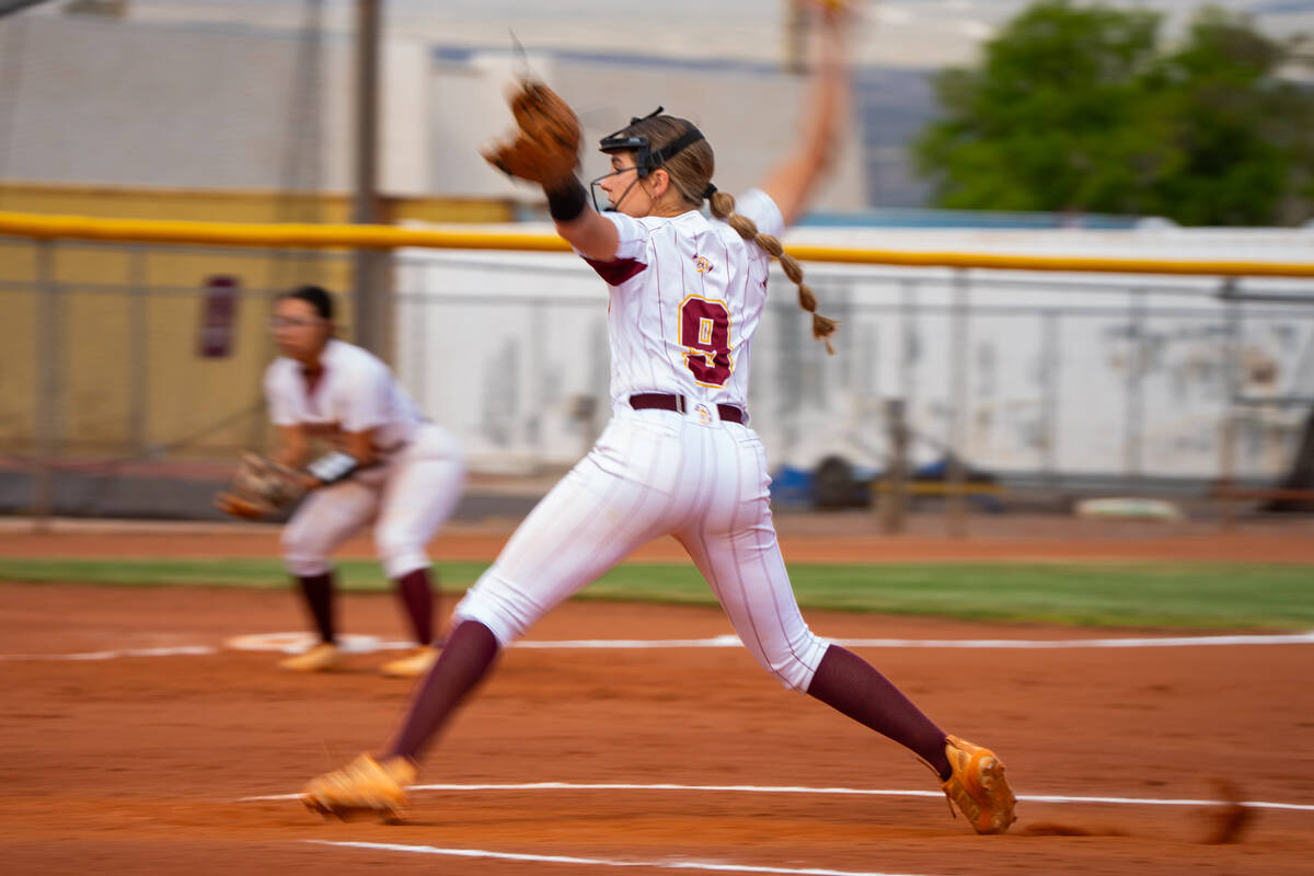 Pahrump Valley High School freshman pitcher Jaycie Hayes delivers a pitch to the plate for the ...