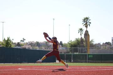 Pahrump Valley High School freshman pitcher Jaycie Hayes delivers a pitch to the plate for the ...