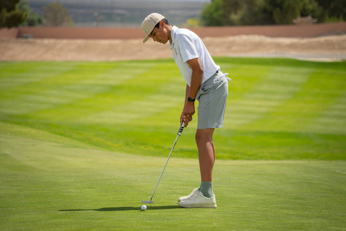 Pahrump Valley High School boys golf junior Samson Wagner gets through the back nine during the ...