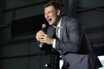 Fernando Mendoza talks to Raiders fans and while answering a few questions on stage during Raid ...