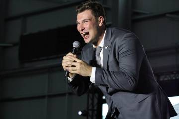 Fernando Mendoza talks to Raiders fans and while answering a few questions on stage during Raid ...