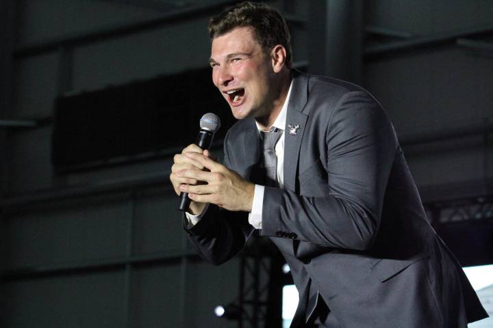 Fernando Mendoza talks to Raiders fans and while answering a few questions on stage during Raid ...