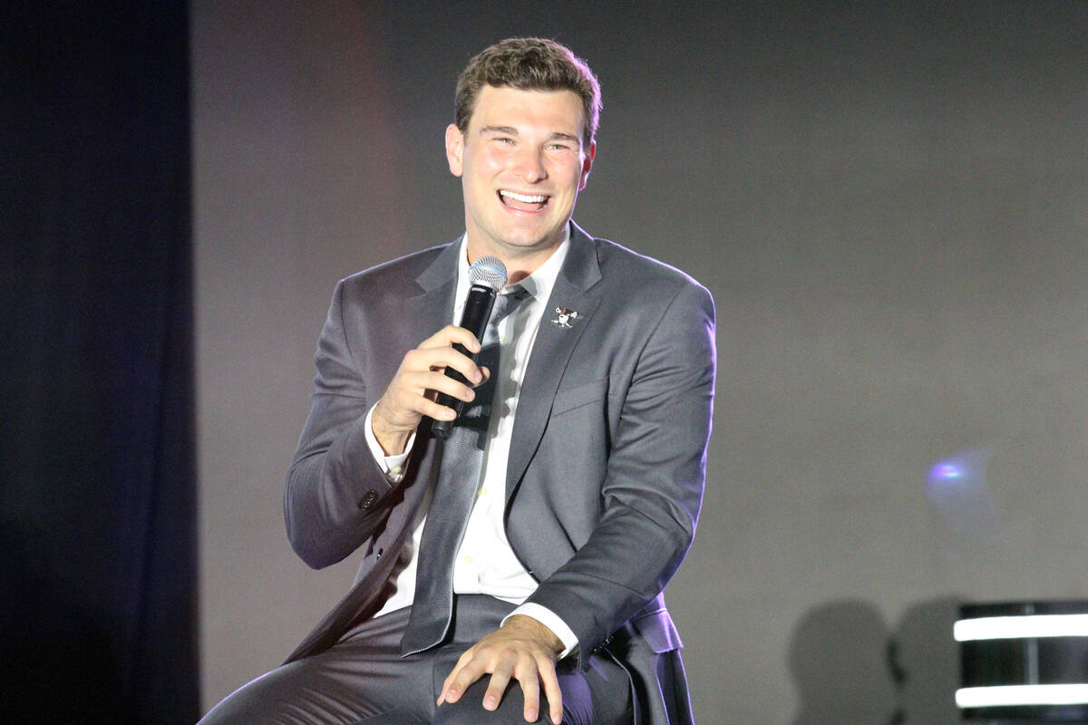 The Raiders recent No. 1 overall pick shares a laugh on stage during the Festival of Football e ...