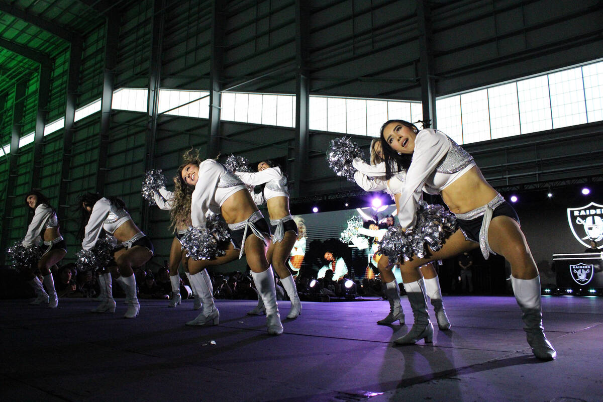 The Raiderettes perform for the fans before Fernando Mendoza takes the stage during Raiders Fes ...