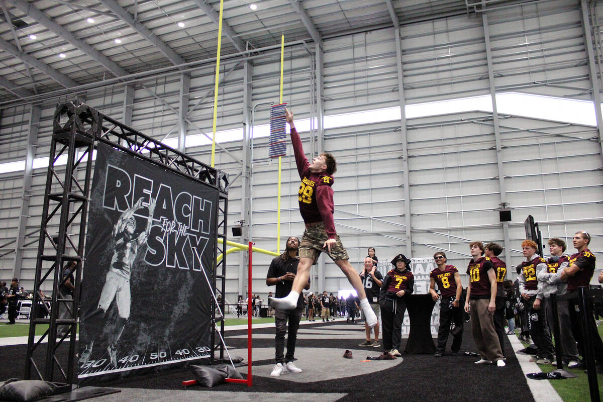 Pahrump Valley High School junior Tristan Torres attempts the vertical jump at the Intermountai ...