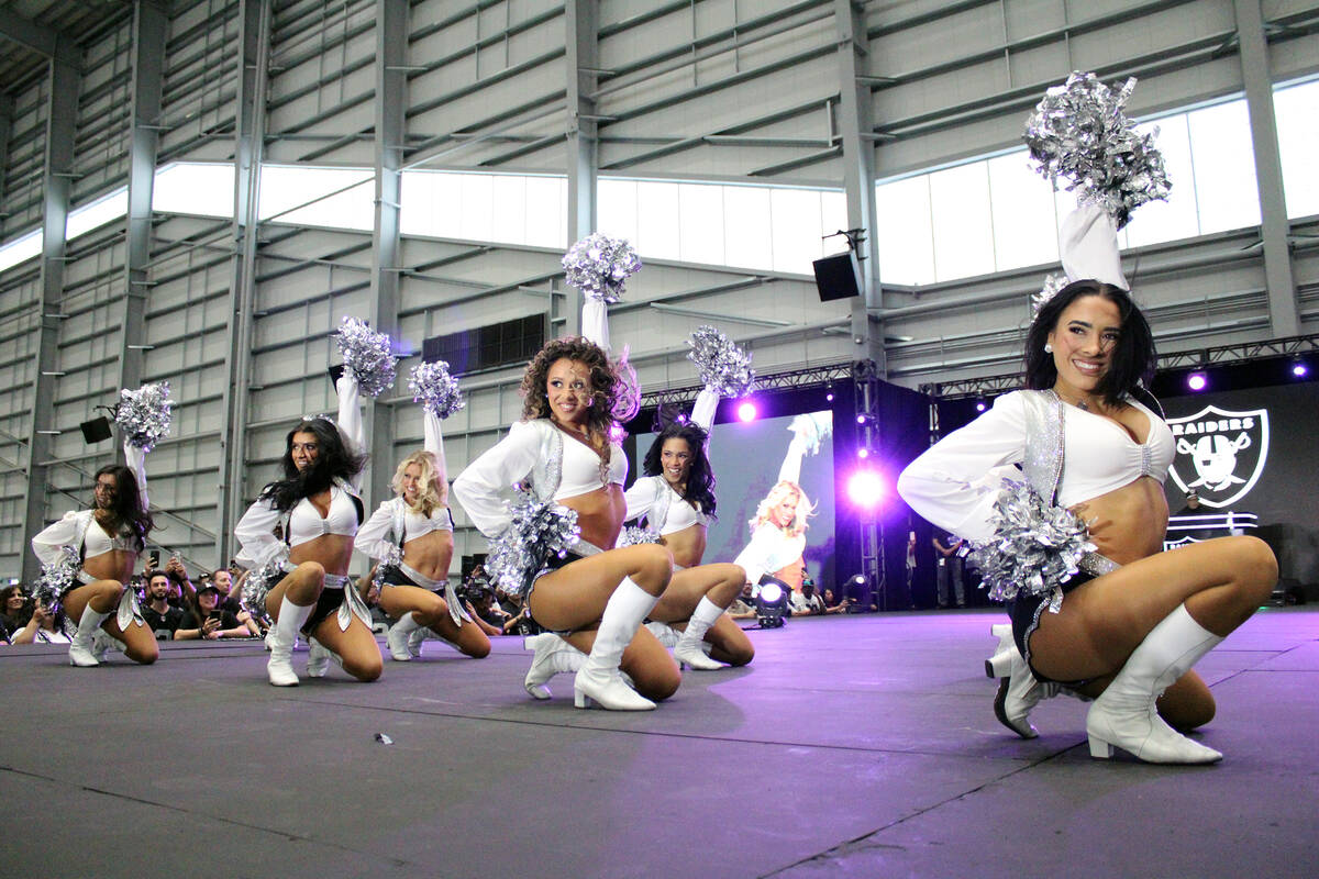 The Raiderettes perform for the fans before Fernando Mendoza takes the stage during Raiders Fes ...