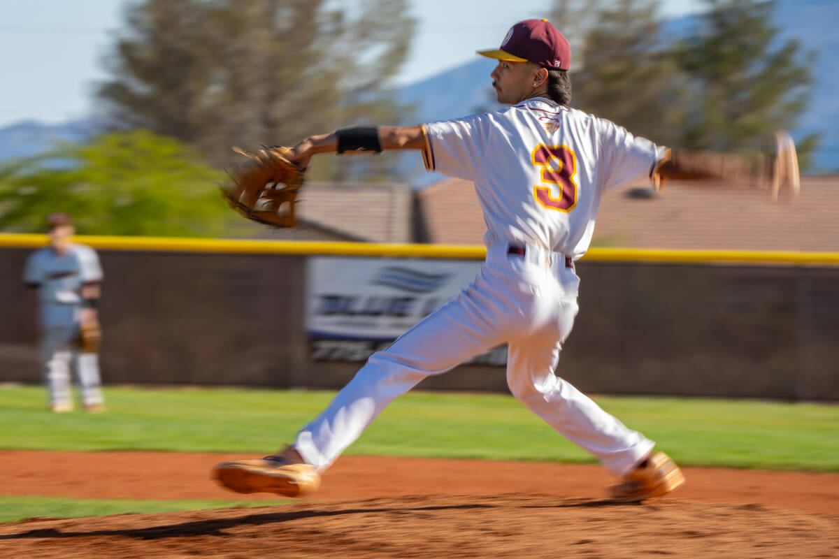 Pahrump Valley High School senior Vinny Whitney pitched two clean innings against Canyon Spring ...
