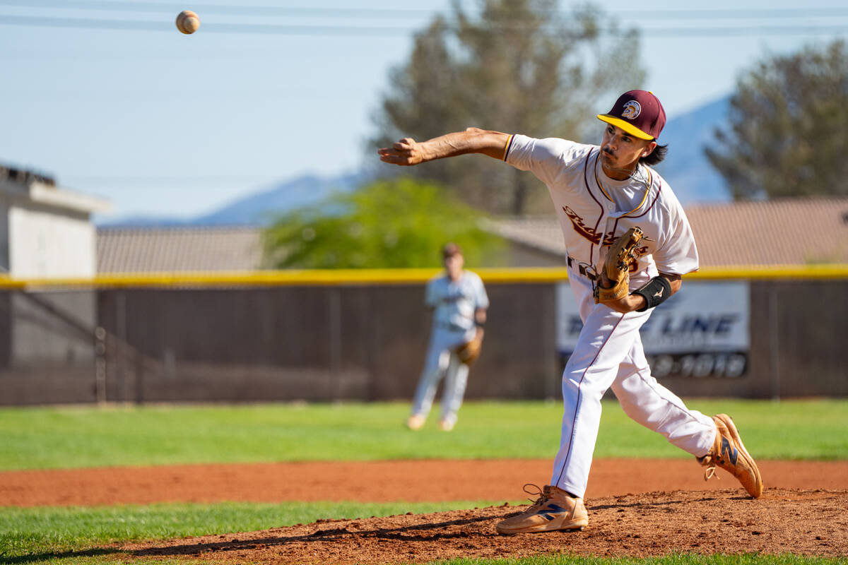 Pahrump Valley High School senior Vinny Whitney pitched two clean innings against Canyon Spring ...