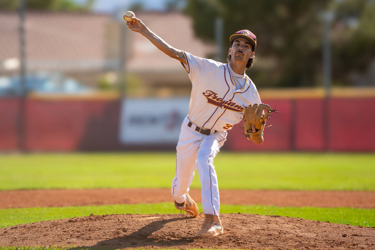 Pahrump Valley High School senior Vinny Whitney pitched two clean innings against Canyon Spring ...