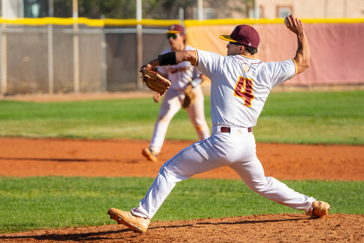Pahrump Valley High School senior Dominik Wilson pitched a clean inning against Canyon Springs ...