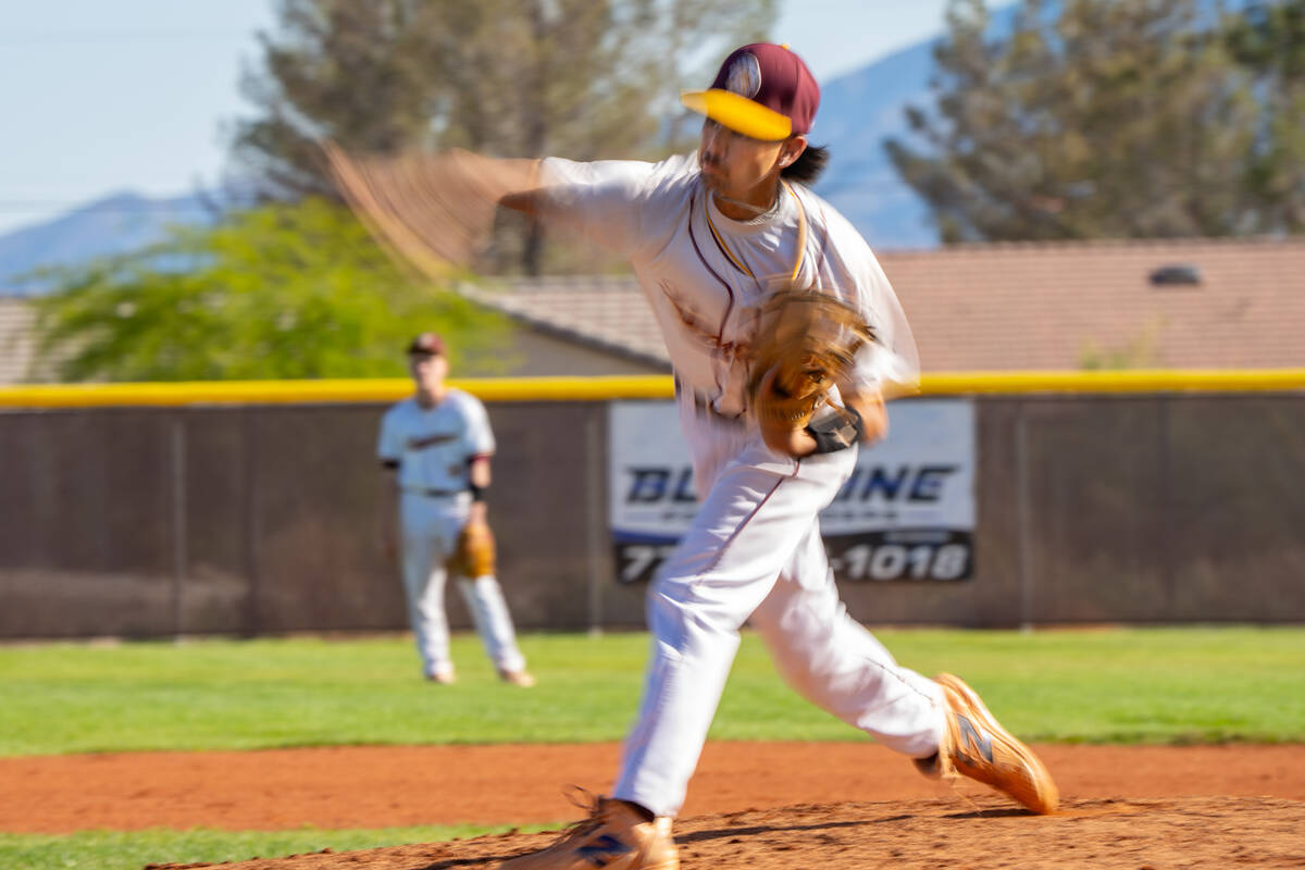 Pahrump Valley High School senior Vinny Whitney pitched two clean innings against Canyon Spring ...