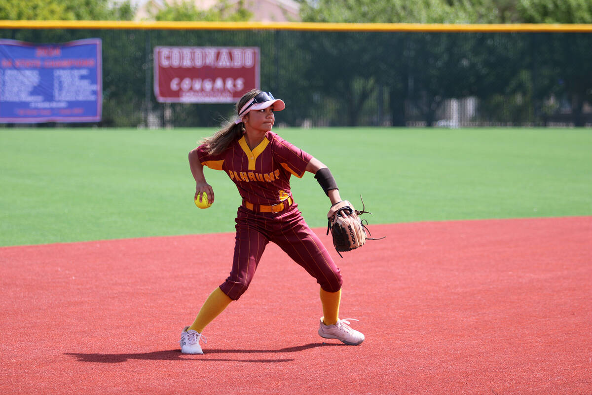 Pahrump Valley High School's starting shortstop and freshman Aspen Middaugh makes a clean play ...