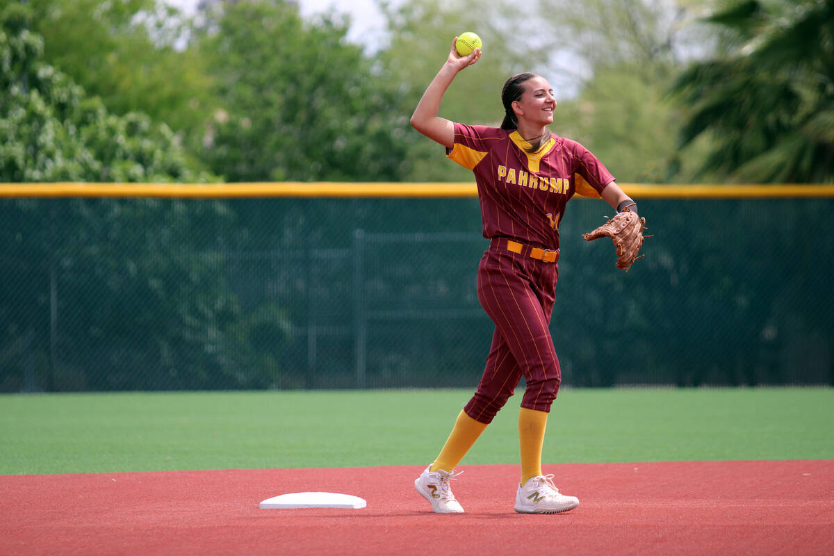 Pahrump Valley High School's starting second baseman and freshman Olivia Veloz fields a grounde ...