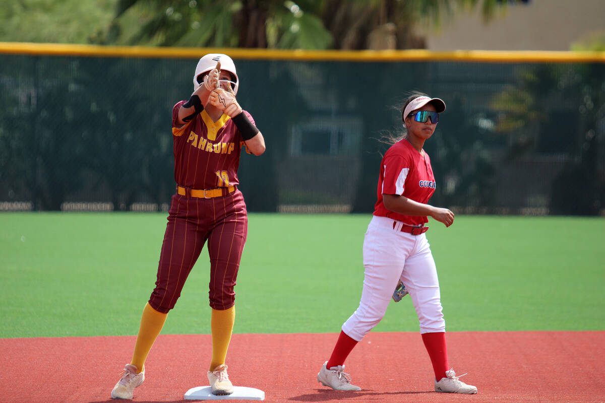Pahrump Valley High School sophomore and catcher Mariah Gray hits the 'Scuba' celebration on se ...