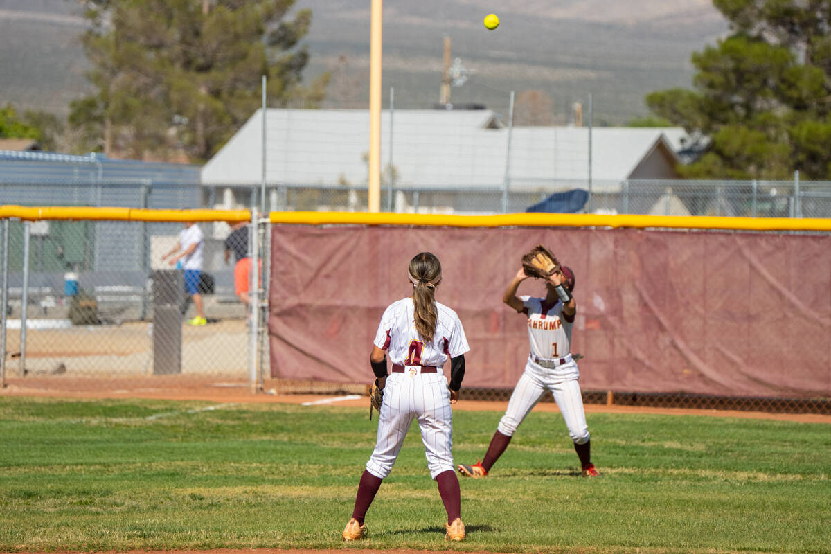 Pahrump Valley High School junior Natalie Soto makes a catch in left field during the Trojans' ...
