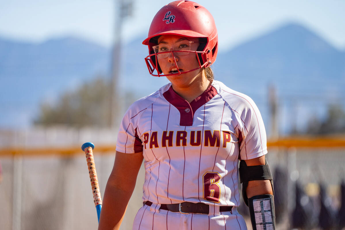 Pahrump Valley High School senior Madison Rodriguez prepares to step into the box during the Tr ...