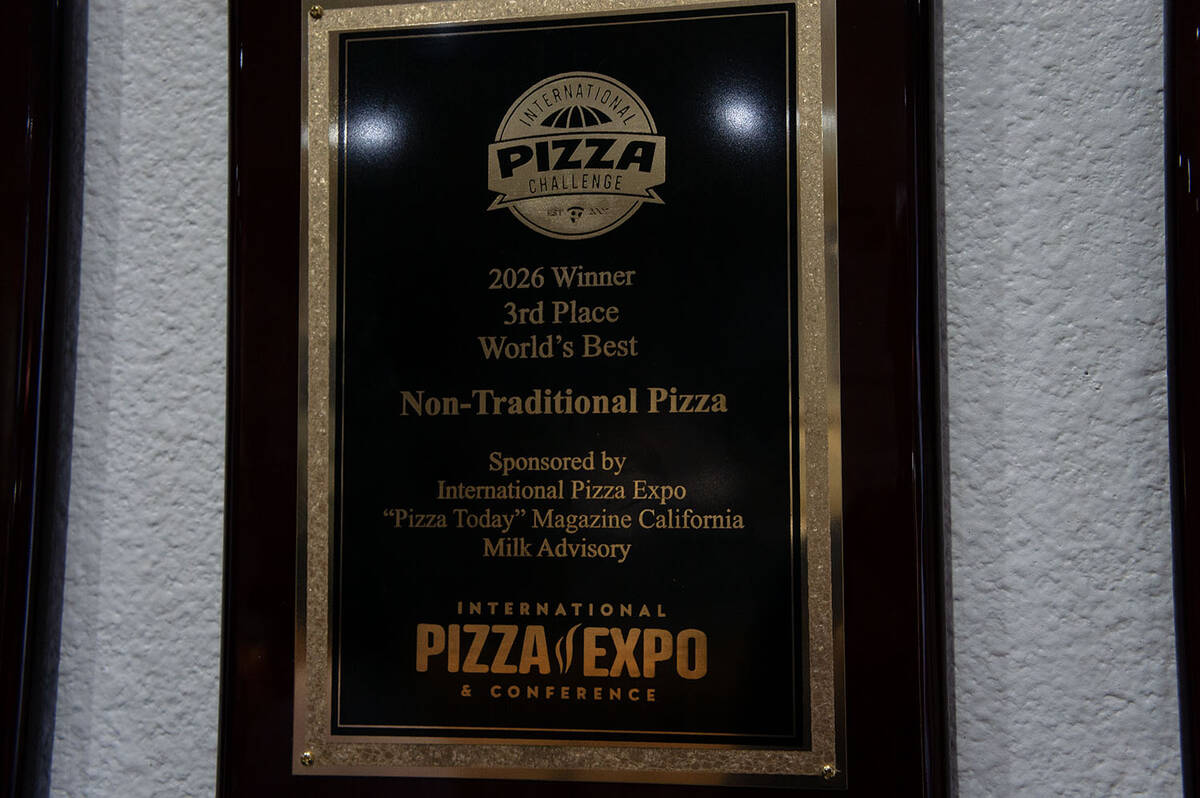 One of Mia Ava East Coast Pizza’s newest awards displayed on the restaurant’s wall in Pahru ...