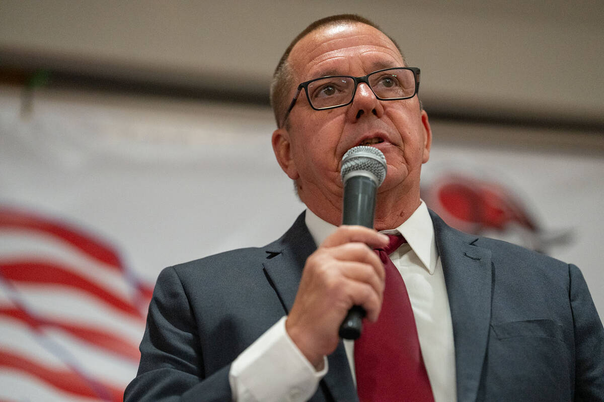 Nye County Sheriff Joe McGill speaks at the Nye County Republican Club debate on May 7. (John C ...