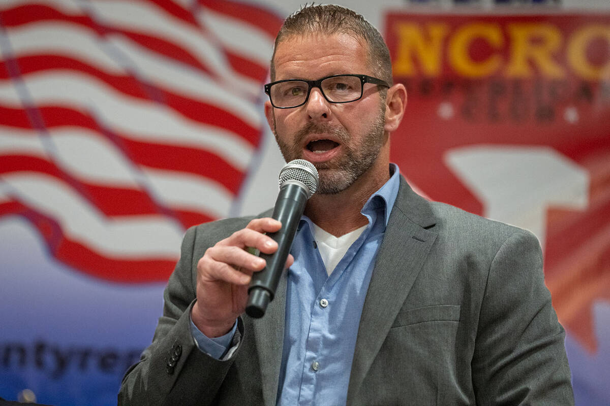 Sheriff candidate Dan Pineau addresses the crowd at the May 7 Nye County Republican Club debate ...