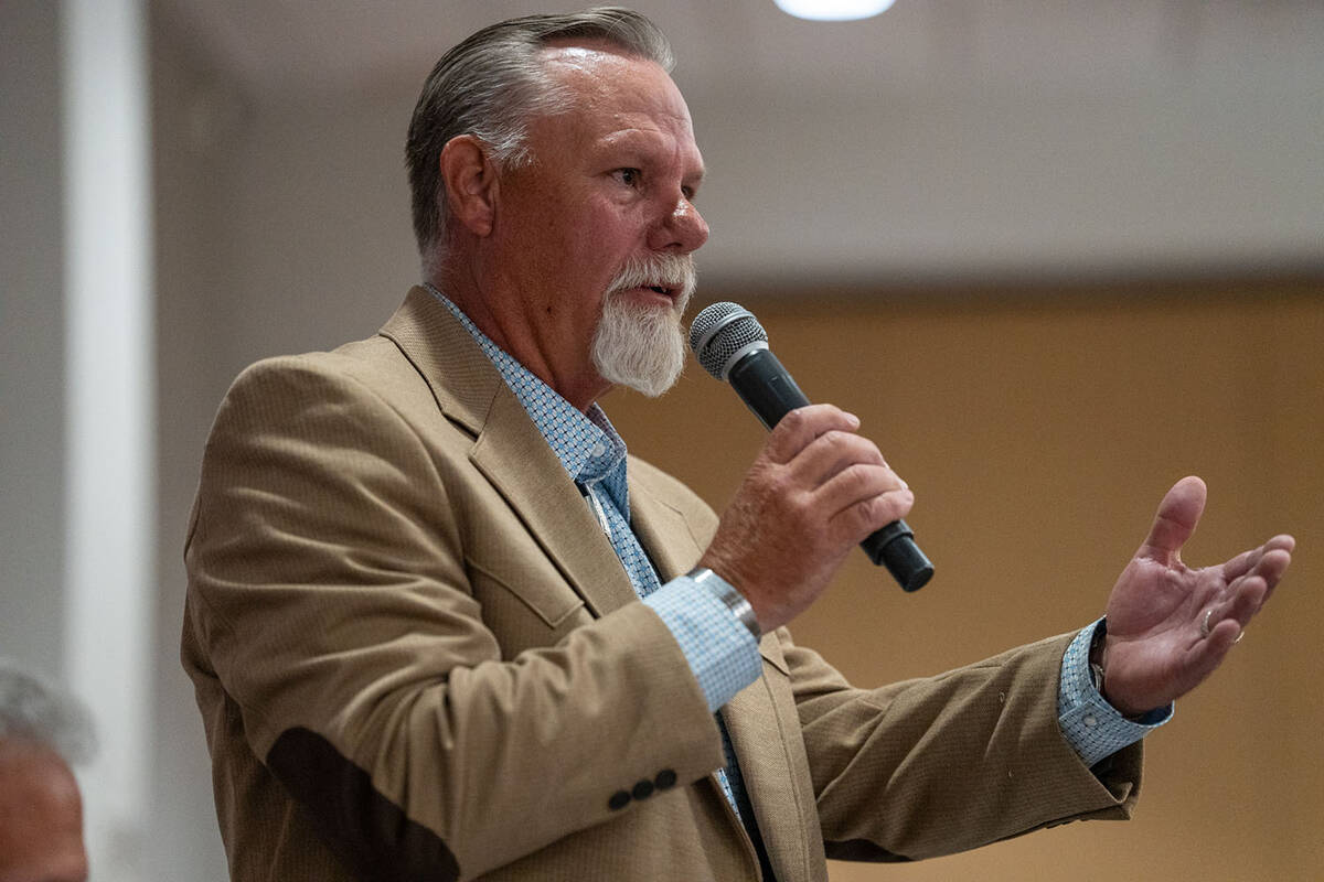 Sheriff candidate George Wehrly speaks during the Nye County Republican Club debate on May 7. ( ...