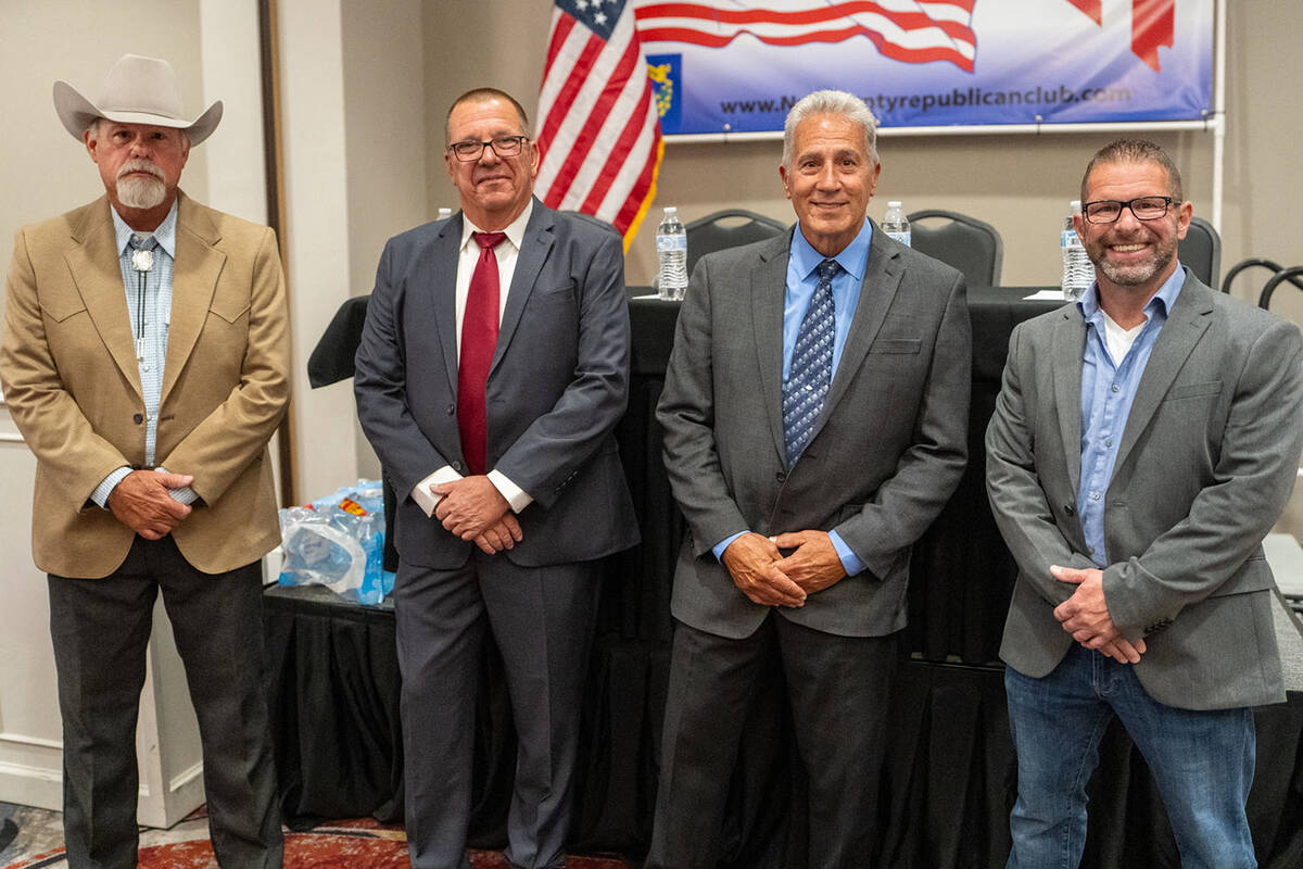 The Nye County sheriff race candidates pose for a picture before their debate on May 7. (From l ...