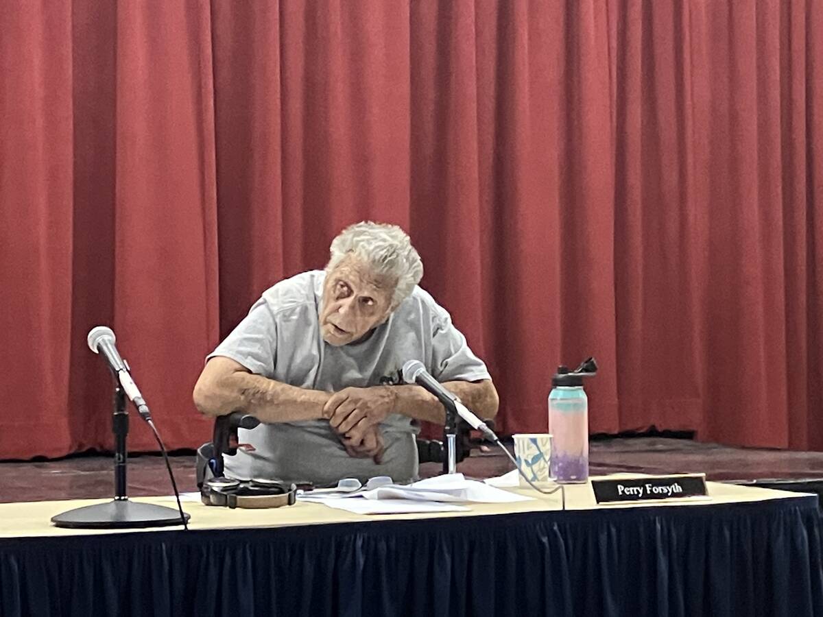 Advisory board member Perry Forsyth speaks at the April 27 Beatty Board meeting in support of A ...