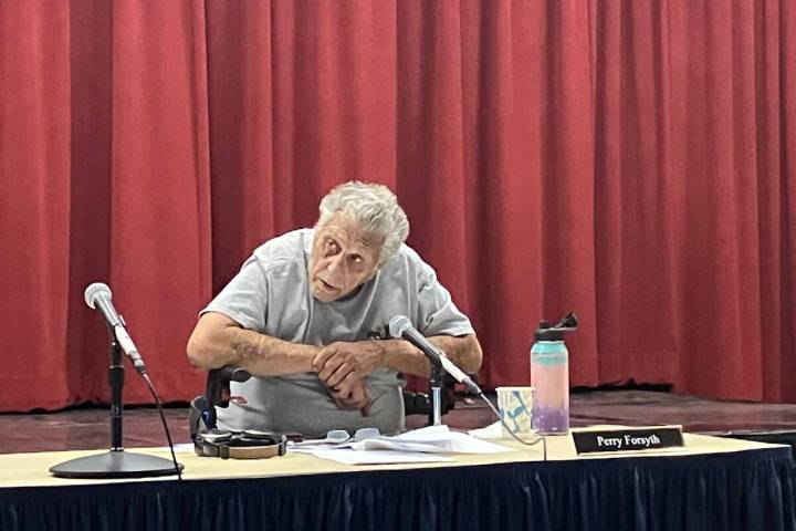 Advisory board member Perry Forsyth speaks at the April 27 Beatty Board meeting in support of A ...