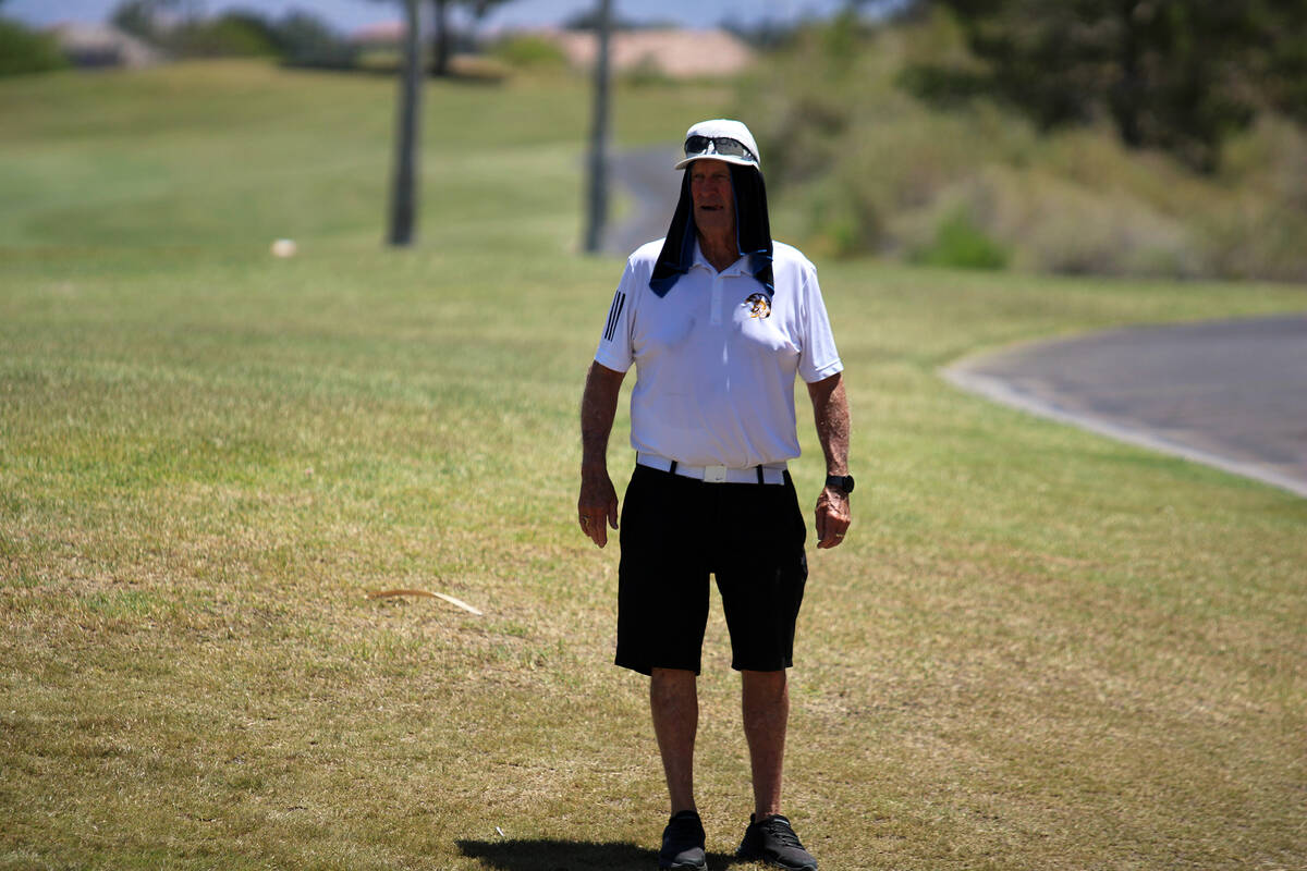 PVHS boys golf head coach Bob Hopkins battles the 104-degree heat out in Boulder City during th ...