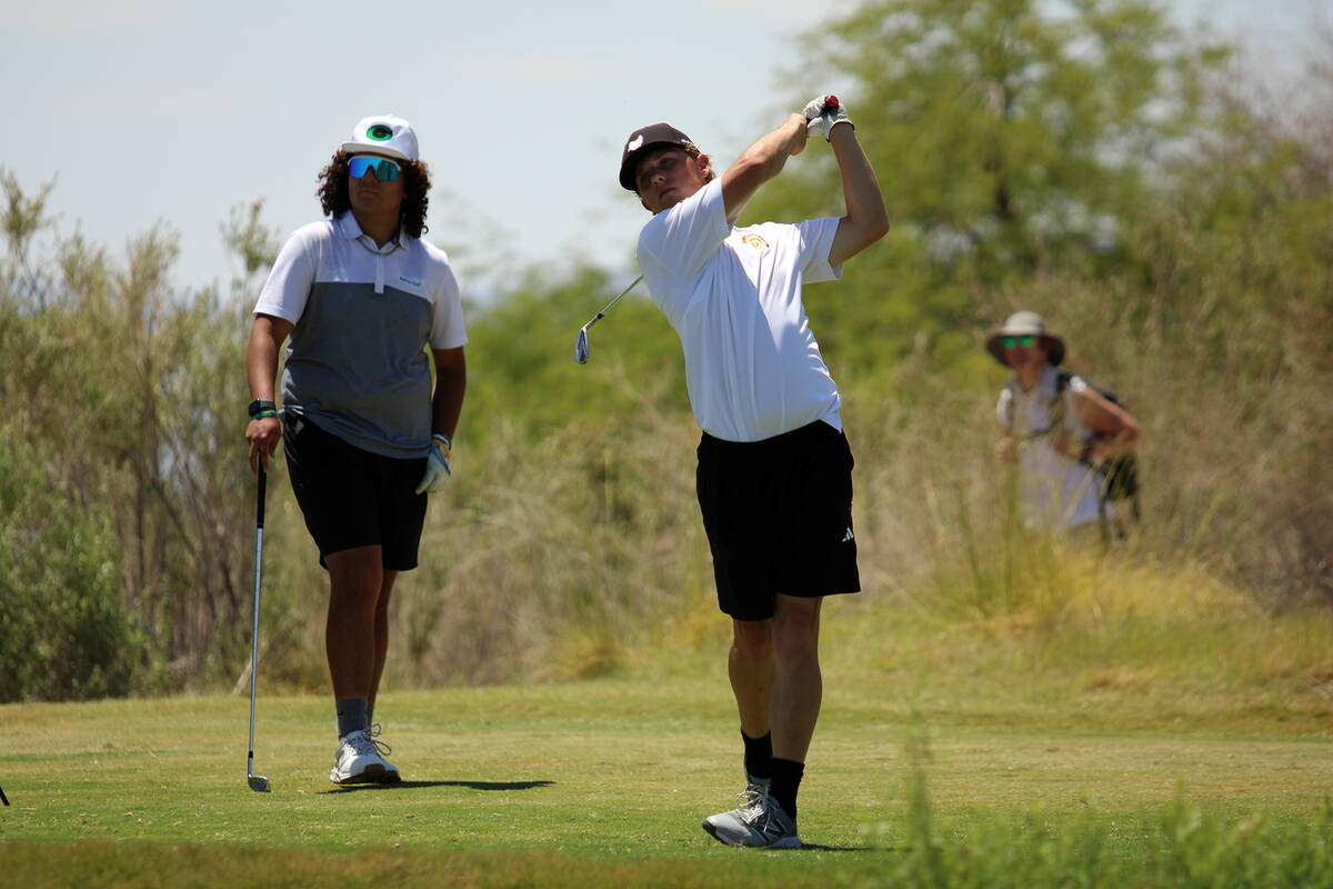 PVHS boys golf junior TC Hone lets one fly on hole #5 during the 2026 Class 3A Southern Region ...