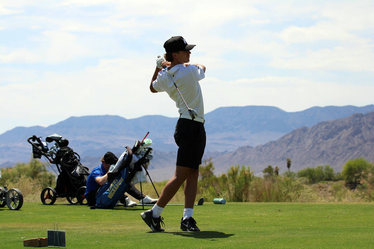 PVHS boys golf senior Keir Sheppard puts a good piece on a long drive during the 2026 Class 3A ...
