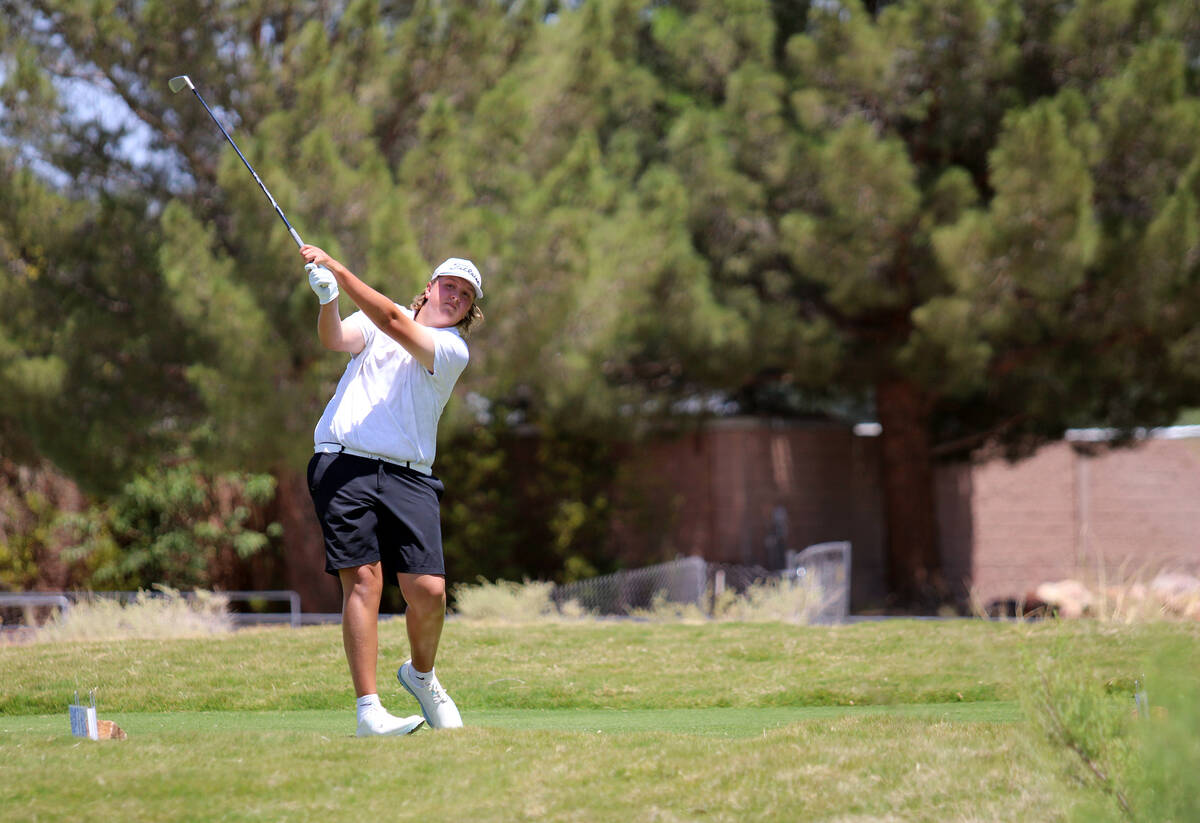 Pahrump Valley High School freshman Brody Myers drives a ball deep on Coyote Run's hole No. 6 d ...